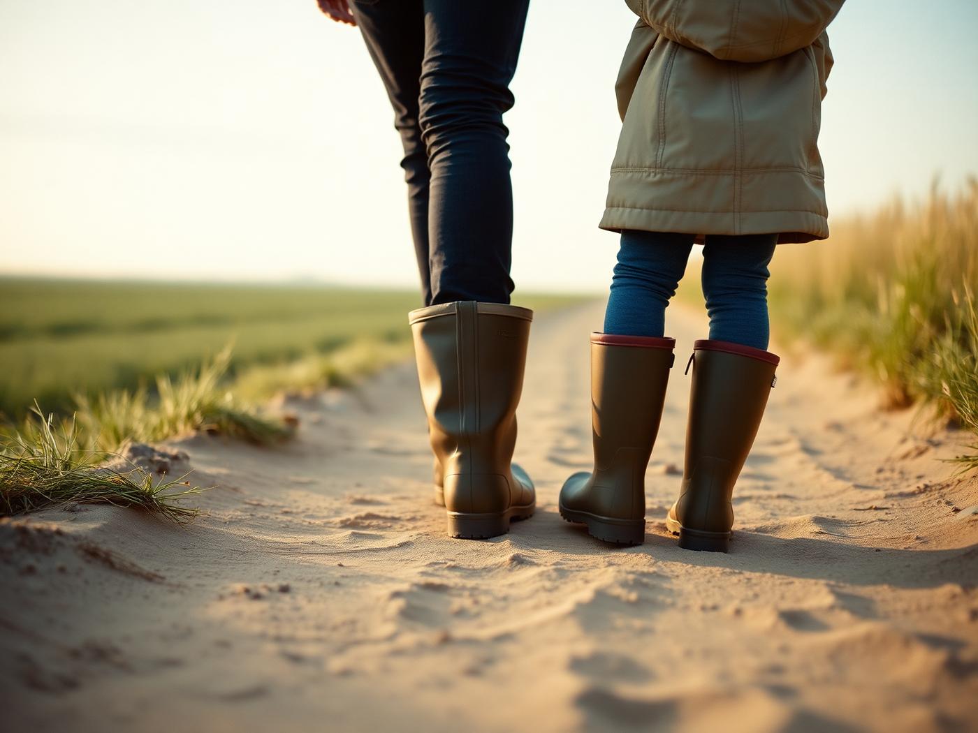 Een ouder en kind lopen samen over een zandpad langs een polderakker